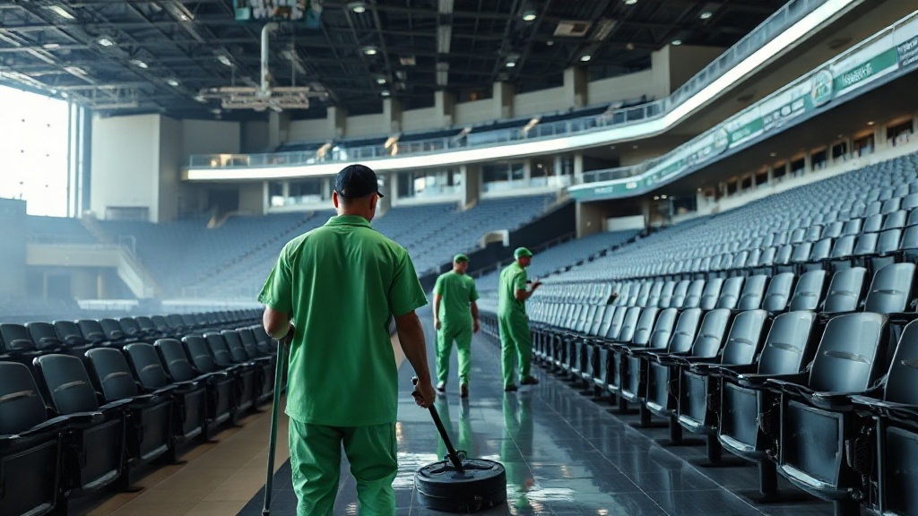 Arena cleaning crew working on stadium concourse