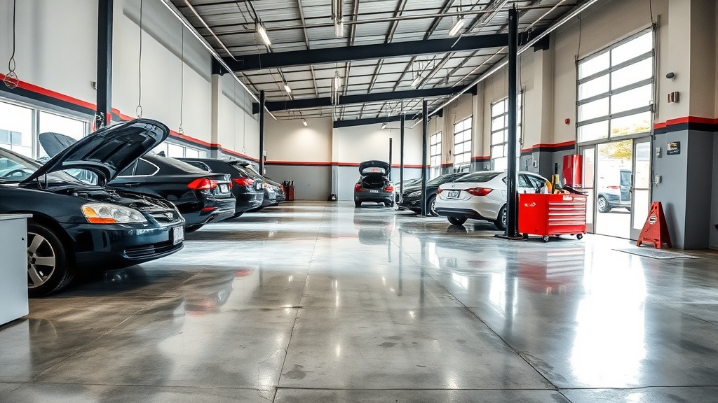 Spotless auto dealership showroom with gleaming tile floors and clean glass showcasing vehicles