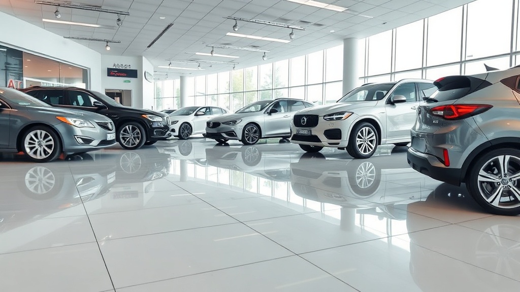 Spotless auto dealership showroom with gleaming tile floors and clean glass showcasing vehicles