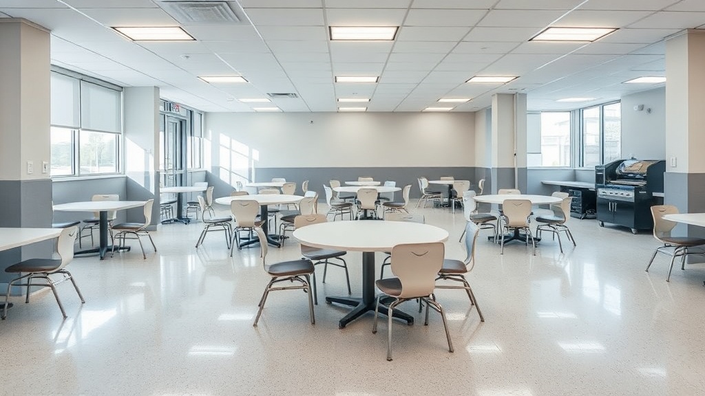 Bright clean school classroom with sanitized desks and freshly mopped floors before students arrive