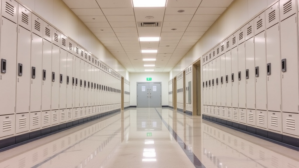 Bright clean school classroom with sanitized desks and freshly mopped floors before students arrive