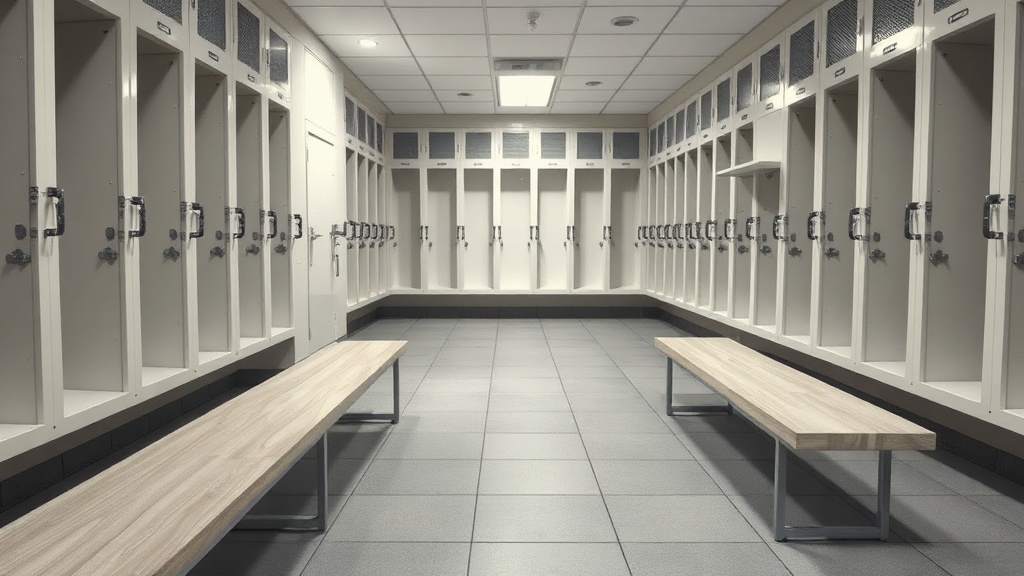 Clean gym floor with sanitized equipment and bright locker room area ready for morning members
