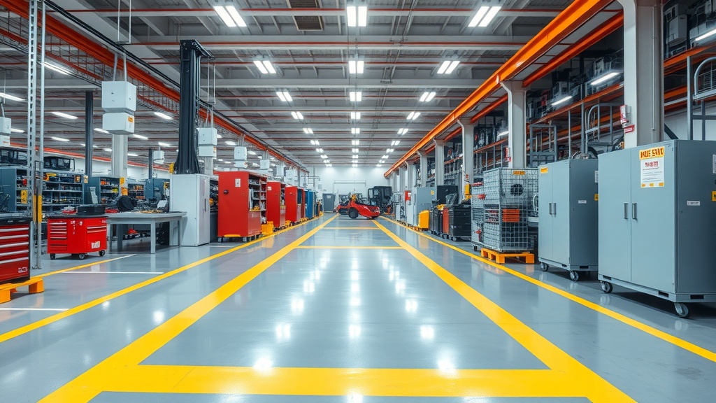 Clean industrial manufacturing floor with visible safety lines and organized workstations under overhead lighting
