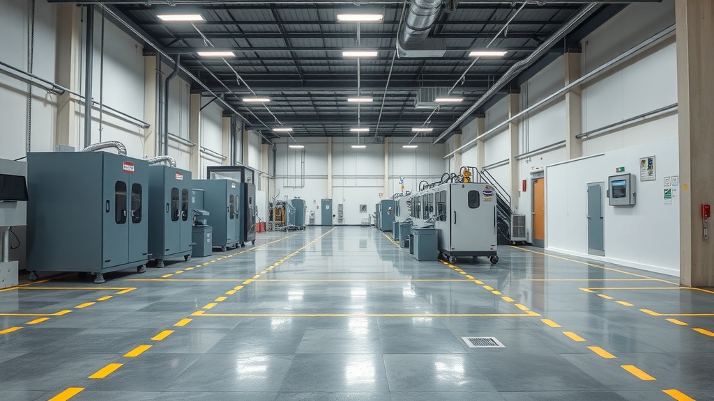 Clean industrial manufacturing floor with visible safety lines and organized workstations under overhead lighting