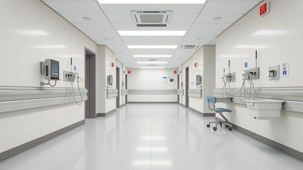 Clean and well-lit medical exam room with sanitized surfaces and organized equipment ready for patients