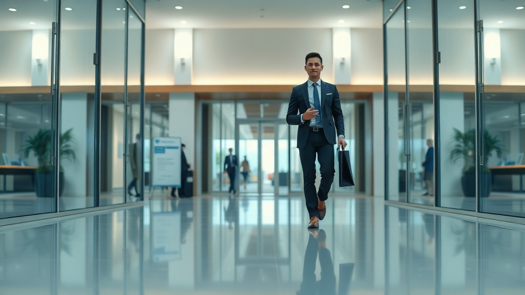 Bright open-plan corporate office with clean desks and polished floors ready for the morning