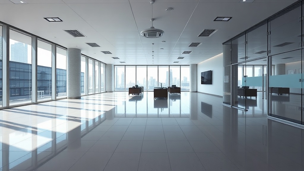 Bright open-plan corporate office with clean desks and polished floors ready for the morning