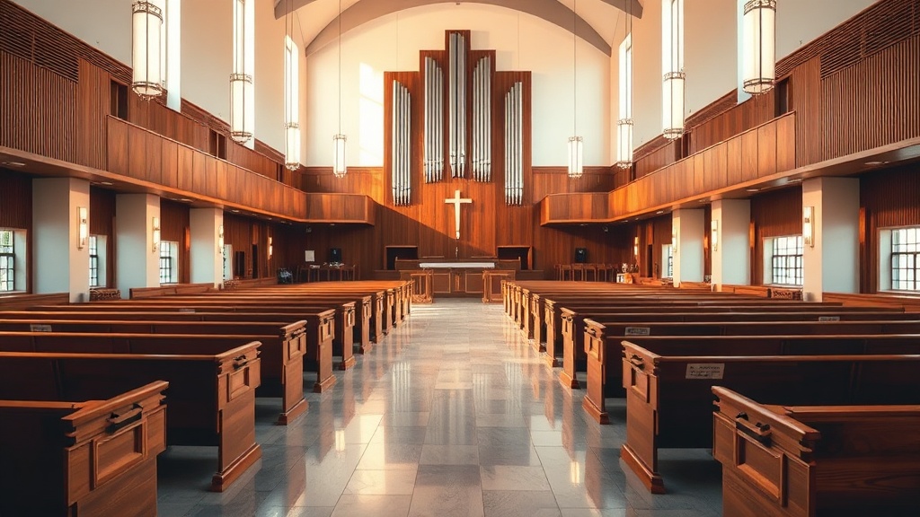 Clean and welcoming church sanctuary with polished floors and dust-free pews ready for Sunday service