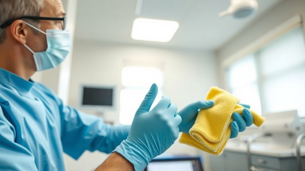 Cleaning technician in PPE disinfecting a medical exam room surface with color-coded microfiber cloth